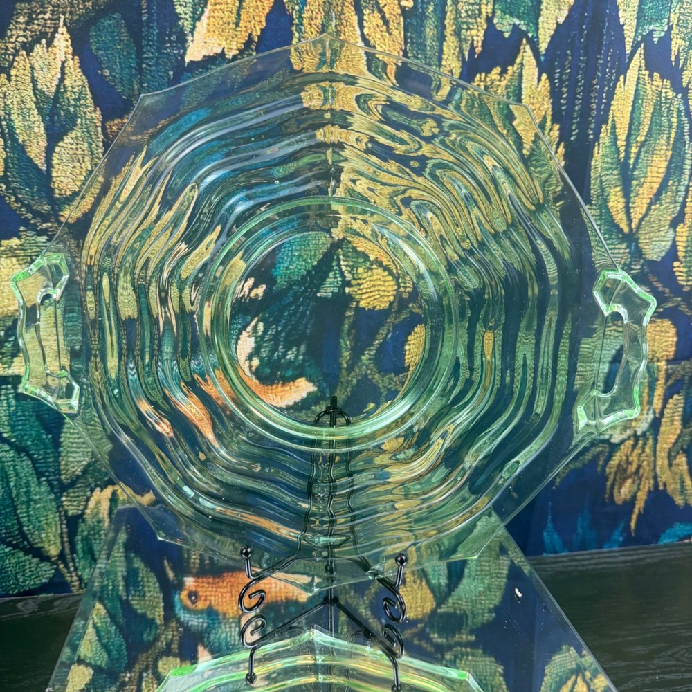 Vintage Jenkins Ocean Wave Green Uranium Glass Octagonal Handled Serving Platter